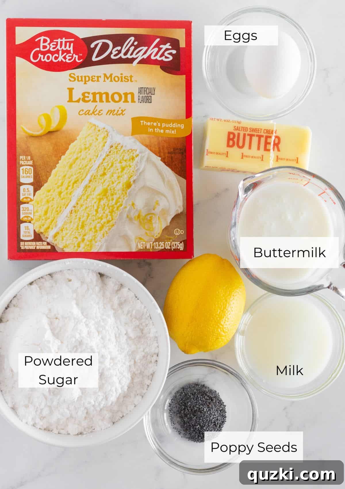 Oven-Baked Lemon Donuts with Zesty Poppy Seed Glaze 3 Close-up shot of essential ingredients for lemon donuts beautifully laid out on a kitchen counter, ready for preparation.