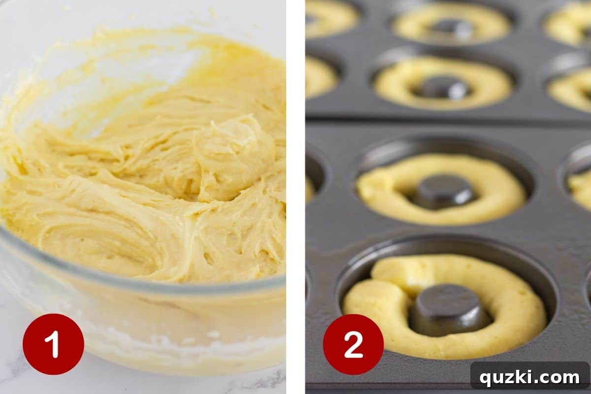 Oven-Baked Lemon Donuts with Zesty Poppy Seed Glaze 4 Visual guide showcasing the seamless process of mixing vibrant lemon donut batter and piping it precisely into specialized donut pans.