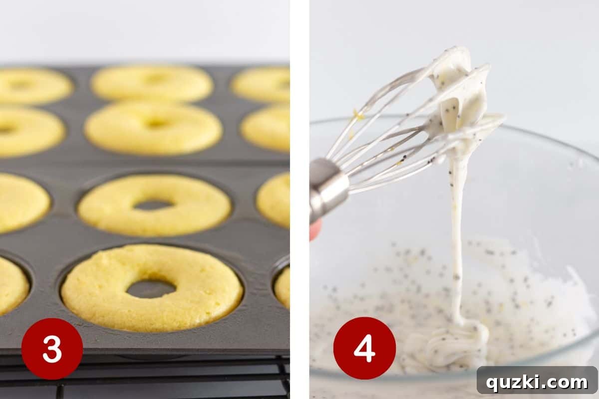 Oven-Baked Lemon Donuts with Zesty Poppy Seed Glaze 5 The baking process of donuts to a perfect golden hue and the meticulous preparation of the vibrant lemon poppy seed glaze.