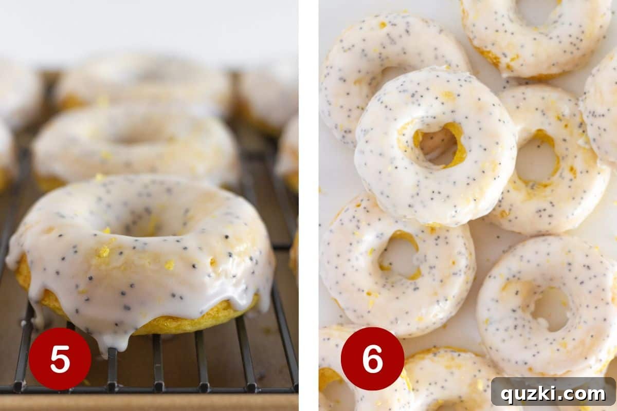 Oven-Baked Lemon Donuts with Zesty Poppy Seed Glaze 6 Beautifully glazed lemon donuts elegantly arranged for serving, showcasing their appetizing and irresistible finish.