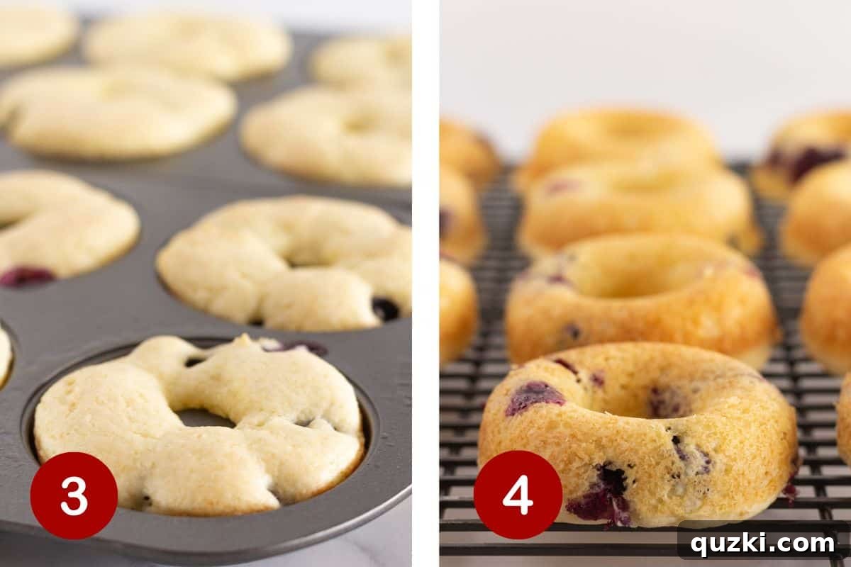 Cloud-Like Baked Blueberry Cake Donuts 5 The process of baking the donuts, allowing them to cool slightly in the pan, and then transferring them to a wire rack.