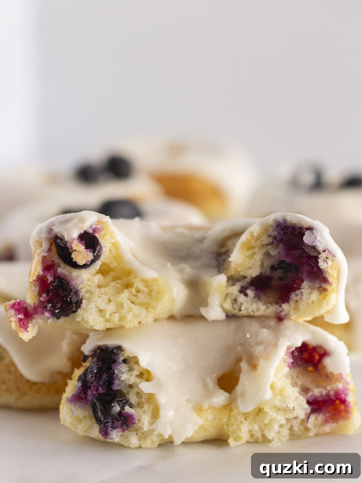 Cloud-Like Baked Blueberry Cake Donuts 7 A close-up view of the inside of a blueberry cake donut, revealing moist crumb and whole blueberries.