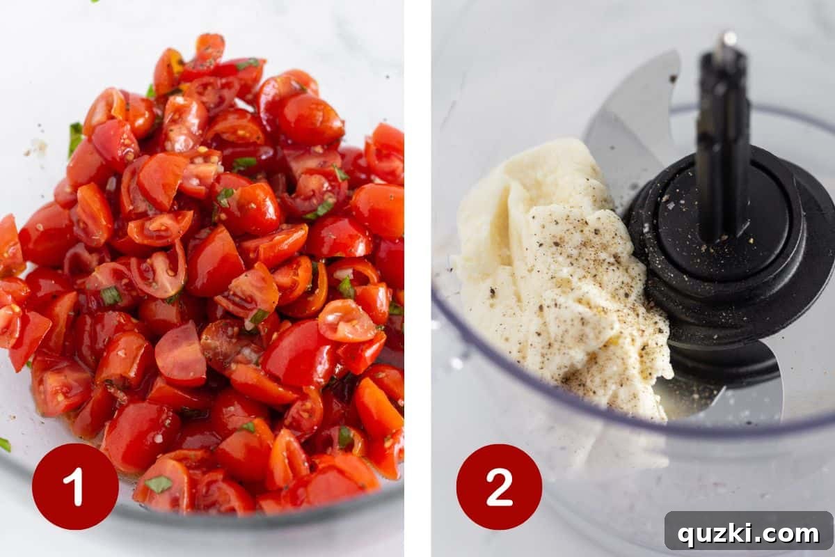 Creamy Ricotta Bruschetta Dip 4 Combining the bruschetta ingredients and adding the ricotta to a food processor.