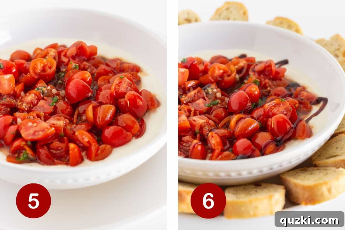 Creamy Ricotta Bruschetta Dip 6 Add the bruschetta mixture, drizzle with balsamic glaze and serve with baguette slices.