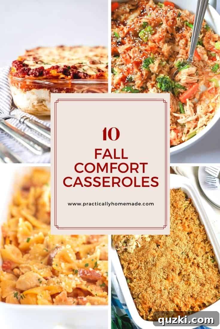 10 Cozy Fall Casseroles to Warm Your Soul 2 A vibrant collage of 10 different fall comfort casserole dishes, perfect for cozy family dinners in autumn.