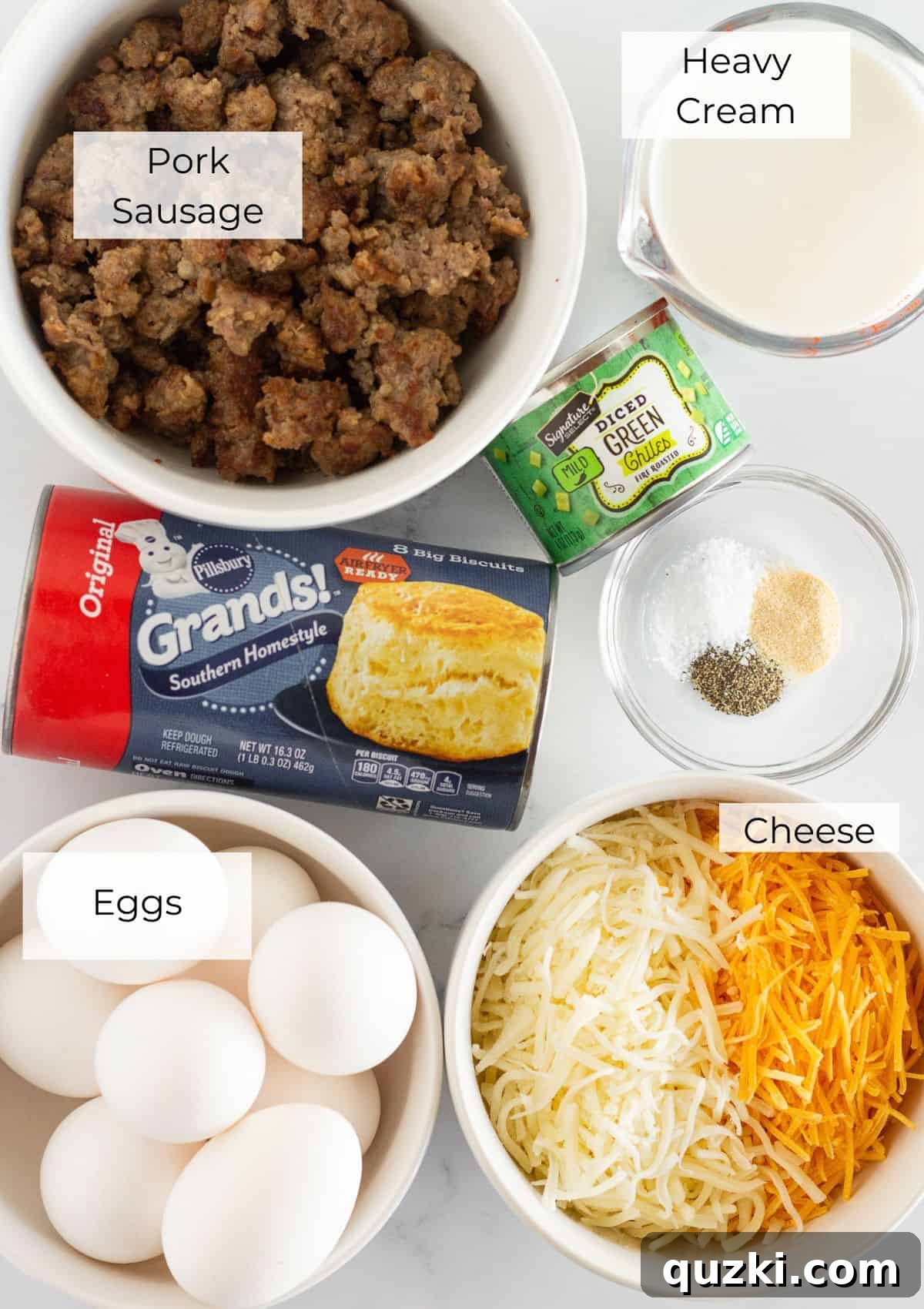 Golden Biscuit Breakfast Bake 3 The ingredients needed to make a biscuit breakfast casserole.
