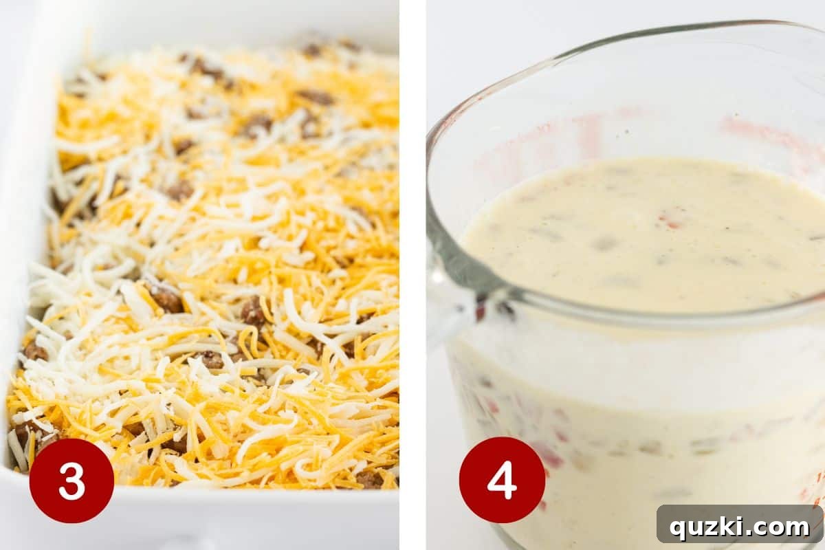 Golden Biscuit Breakfast Bake 5 Top with cheese and combine egg mixture.