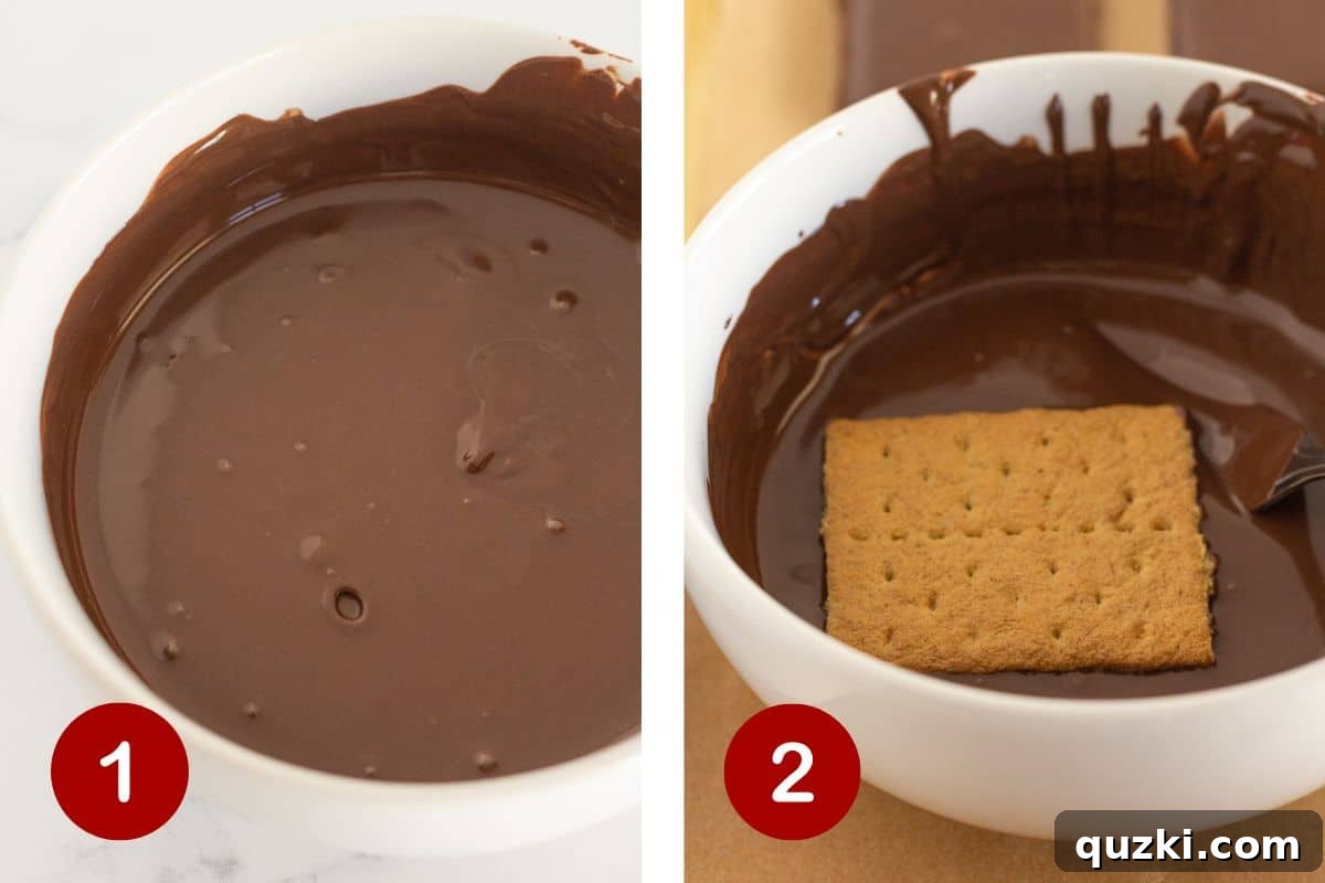 Step-by-step image showing melting chocolate and a graham cracker square being dipped into the chocolate.