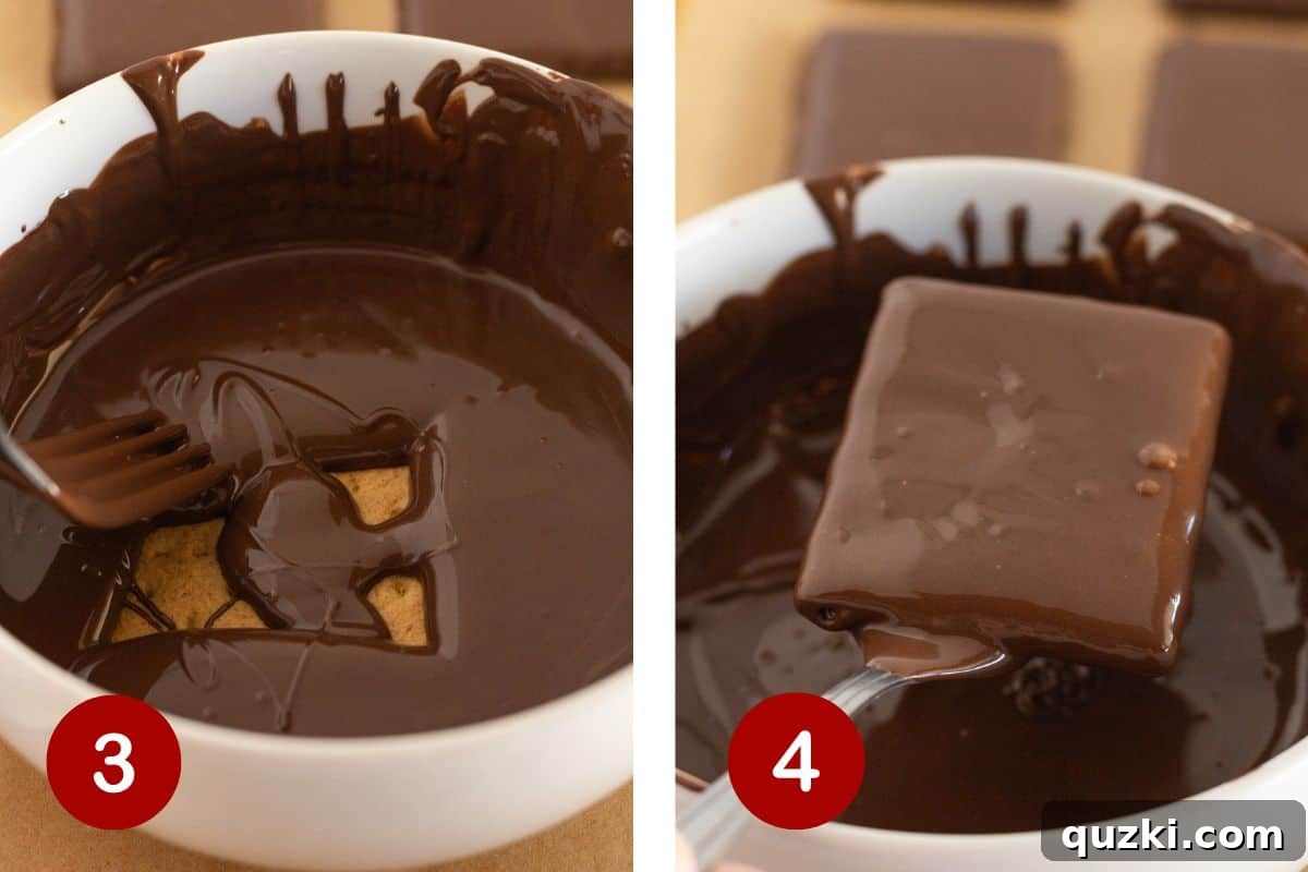 Process image showing how to cover a graham cracker with melted chocolate and then tap off the excess chocolate for a smooth finish.