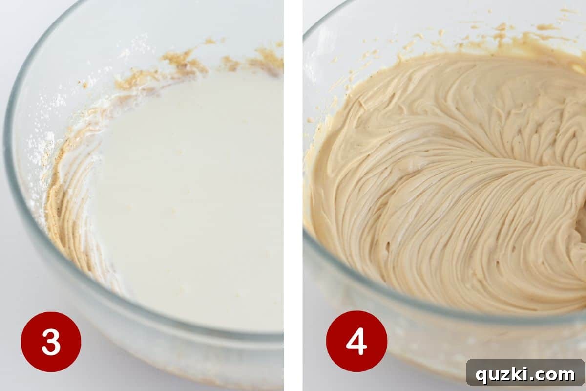 Effortless Tiramisu Cookies 5 The process of making the rich mascarpone frosting: combining ingredients, gradually adding heavy cream, and mixing until it reaches a thick and smooth consistency.
