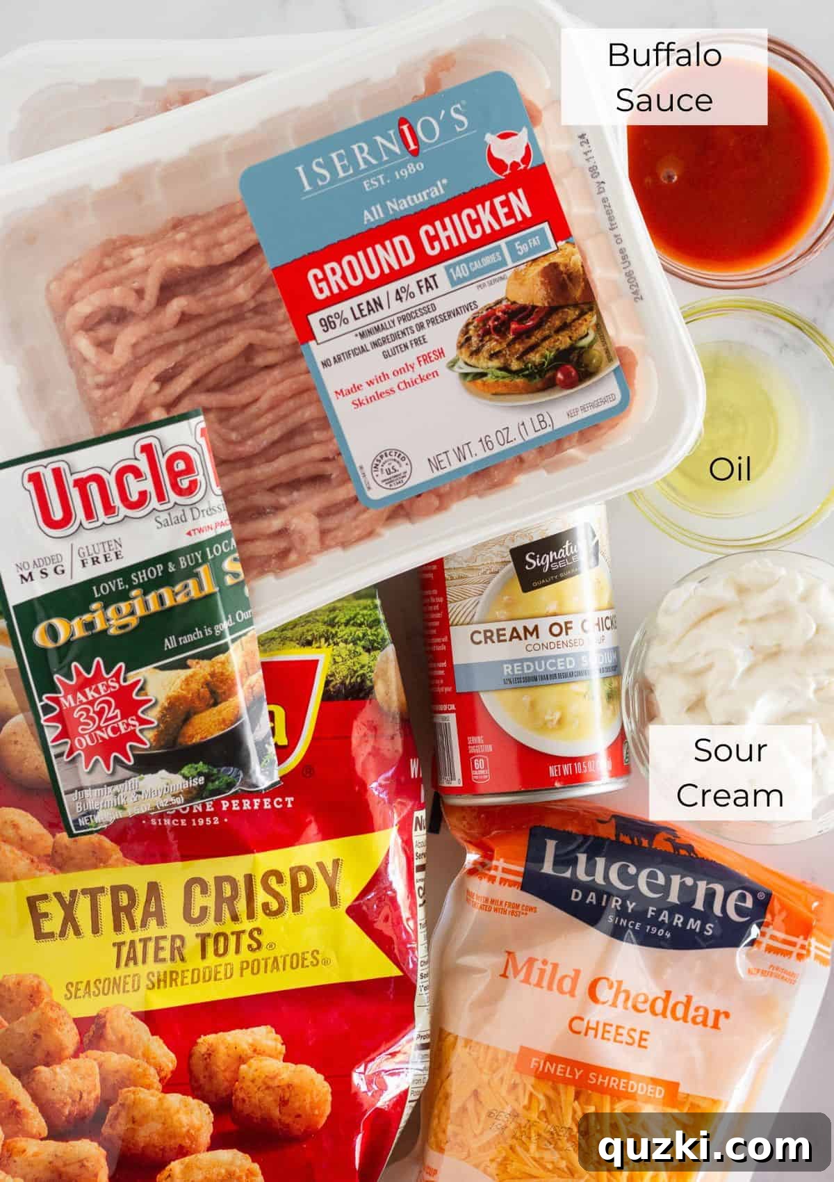 Ultimate Buffalo Chicken Tater Tot Casserole 3 Essential ingredients laid out for making buffalo chicken tater tot casserole.