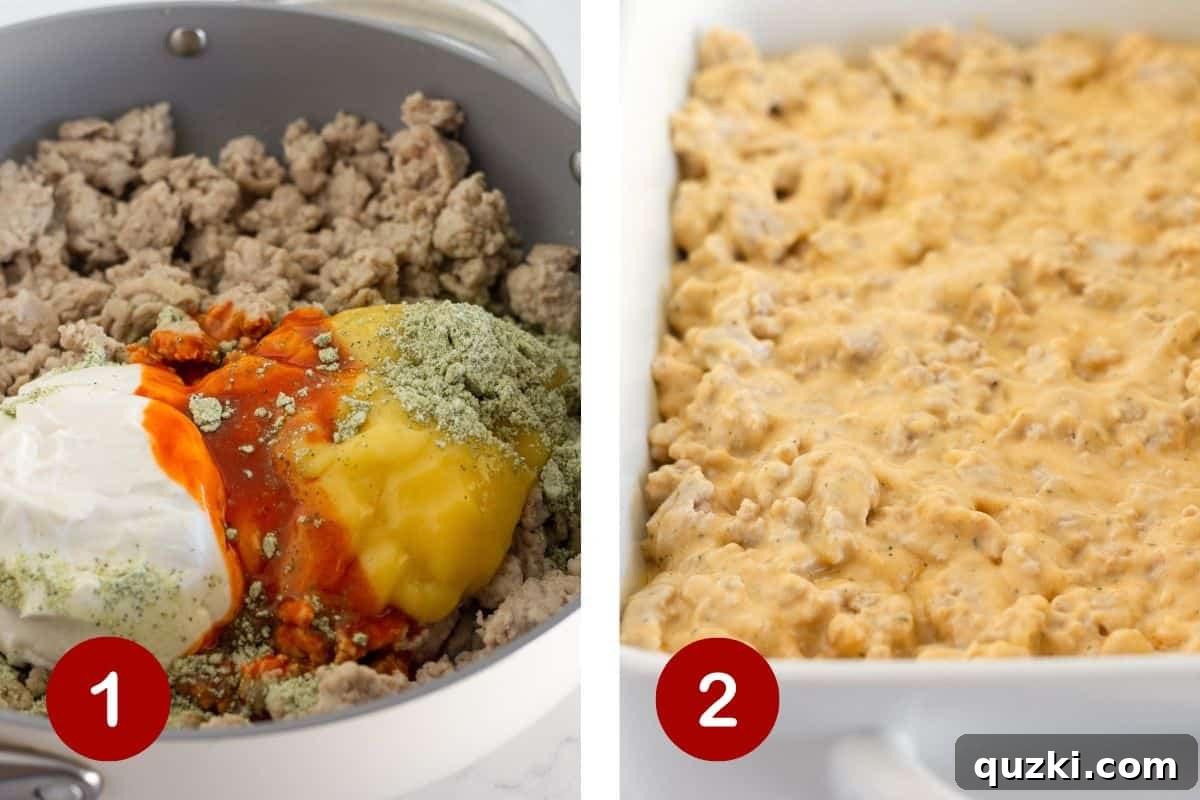 Ultimate Buffalo Chicken Tater Tot Casserole 4 Making the creamy buffalo chicken filling and adding it to a prepared baking pan for casserole assembly.
