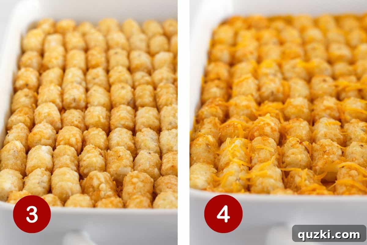 Ultimate Buffalo Chicken Tater Tot Casserole 5 Topping buffalo chicken casserole with shredded cheese and tater tots, then baking until golden brown and crispy.