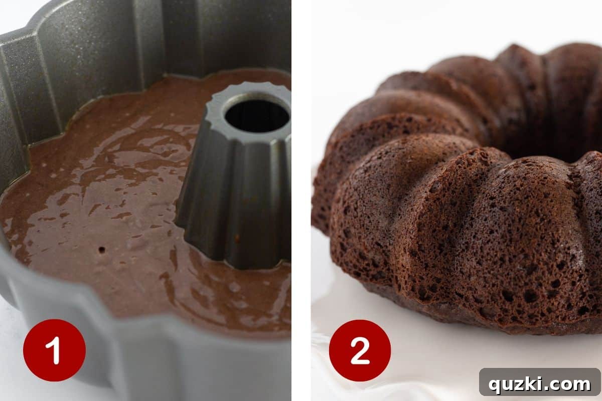 Ultimate Chocolate Chip Cookie Dough Cake 4 Making the chocolate cake batter and baking the cake in a bundt pan, showing the rich color and texture.