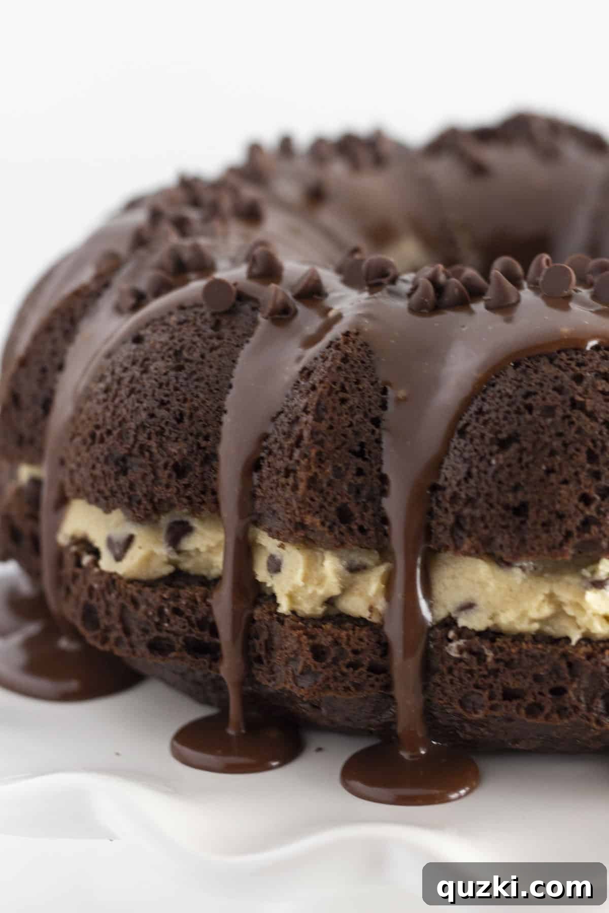Ultimate Chocolate Chip Cookie Dough Cake 7 A beautifully decorated cookie dough bundt cake with chocolate ganache and mini chocolate chips.