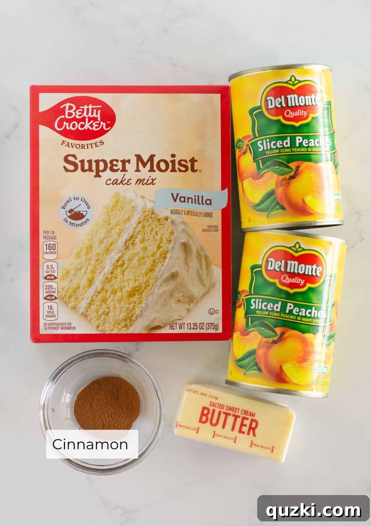 4-Ingredient Effortless Cake Mix Peach Cobbler 3 The 4 simple ingredients required to make a delicious peach cobbler with a cake mix: canned peaches, vanilla cake mix, butter, and cinnamon.
