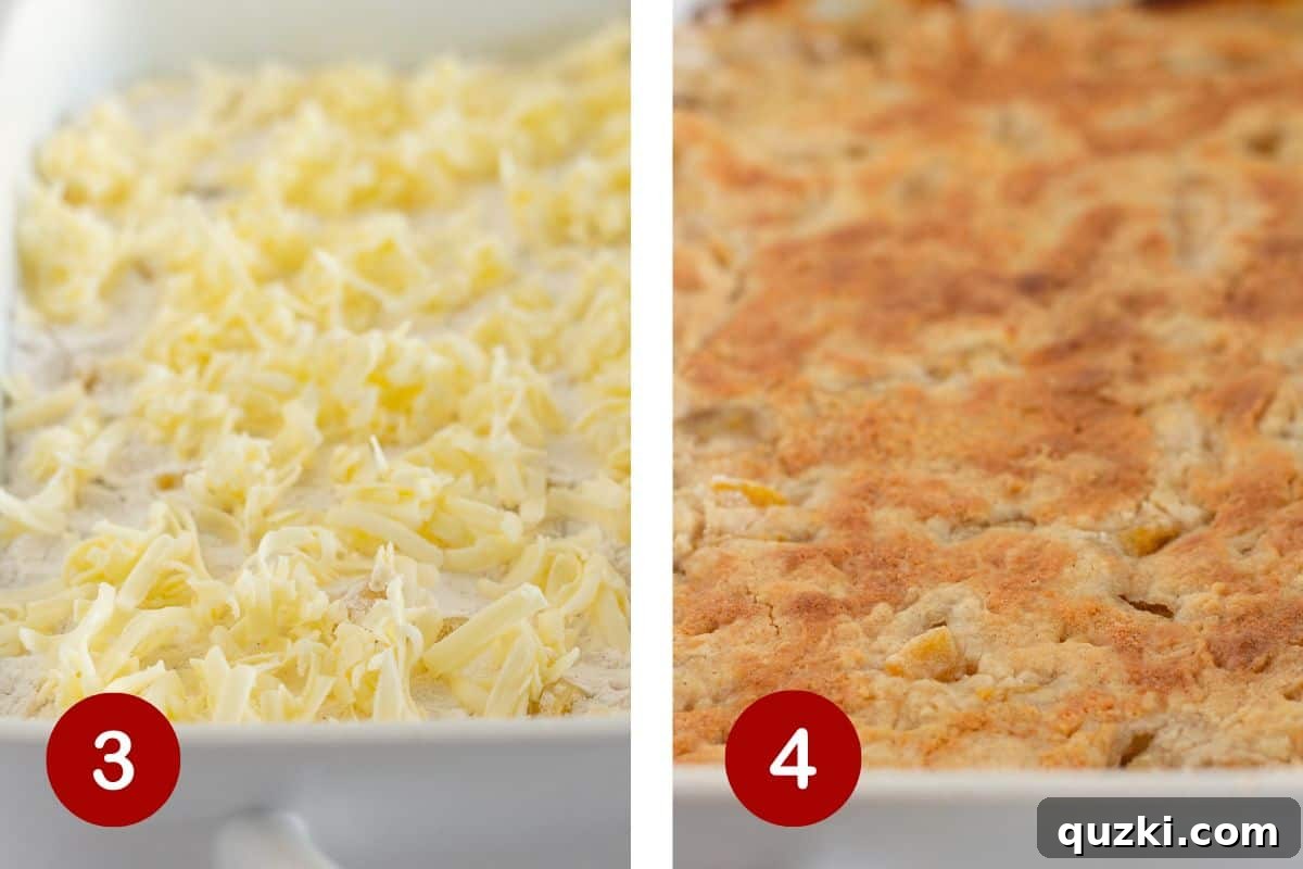 4-Ingredient Effortless Cake Mix Peach Cobbler 4 Grating cold butter over the cake mix and peach mixture before baking to achieve a golden, crispy topping.