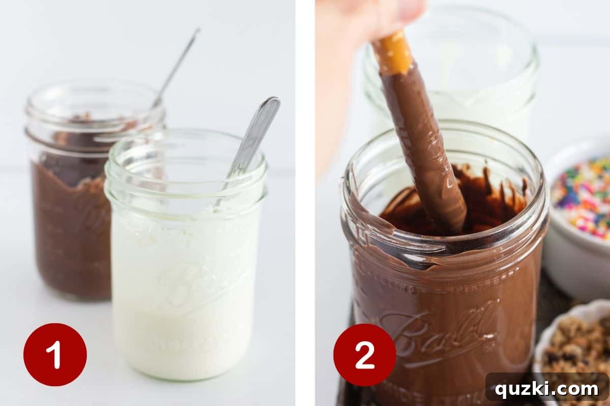 Sweet & Salty Chocolate Pretzel Rods 4 Melting the chocolate in the microwave and adding dipping the pretzel rods in the chocolate.