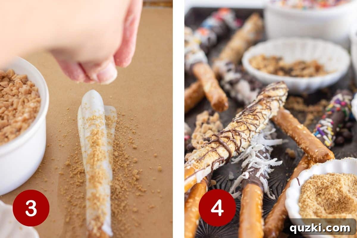 Sweet & Salty Chocolate Pretzel Rods 5 Sprinkling toppings onto the chocolate covered pretzels and allowing them to set up.
