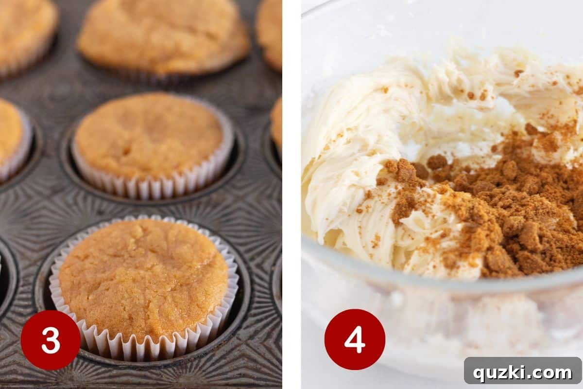 Two key stages: freshly baked cupcakes cooling in a pan and rich buttercream being prepared in a mixer.