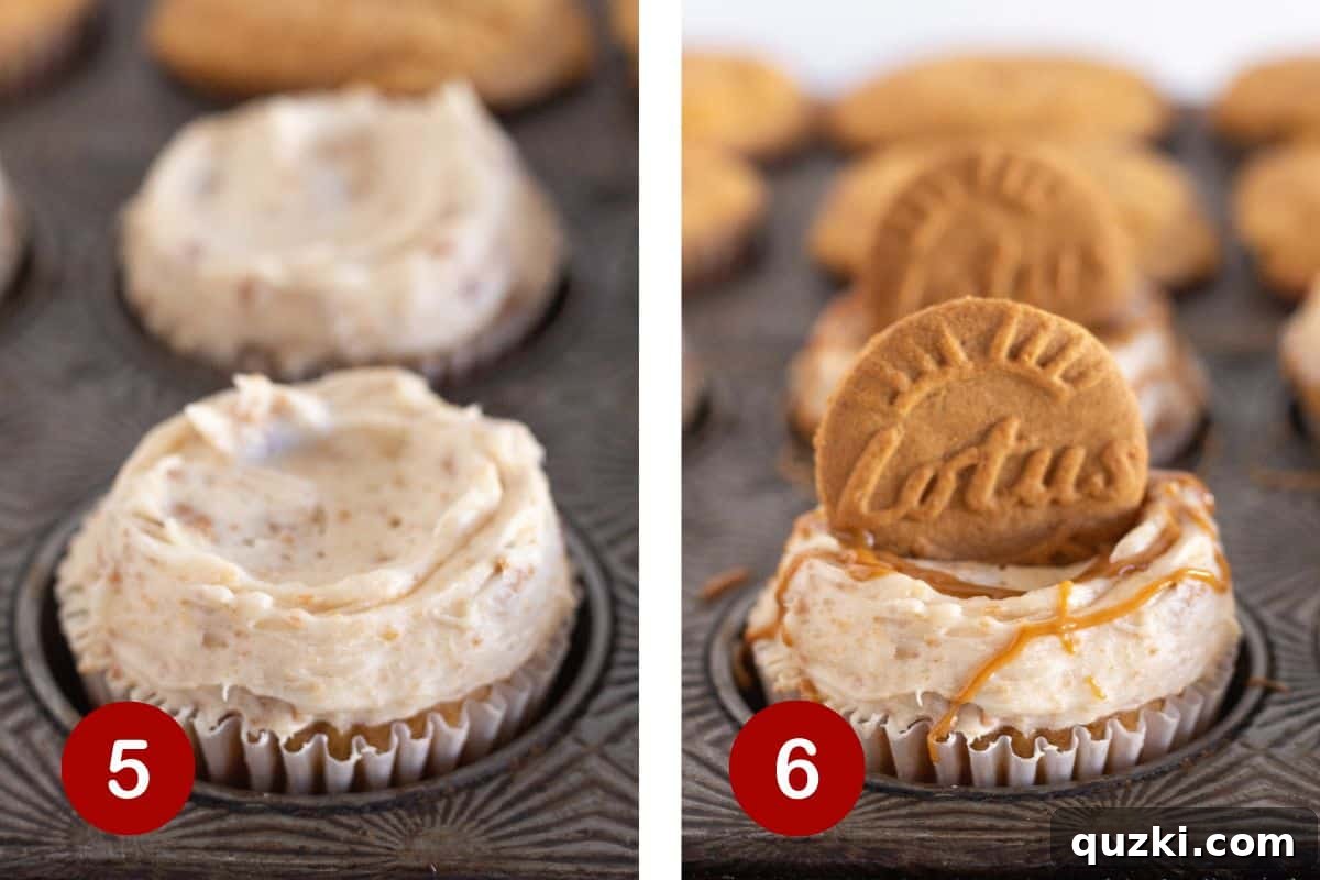 The final steps of decorating Biscoff cupcakes: applying frosting, drizzling melted cookie butter, and topping with whole cookies.
