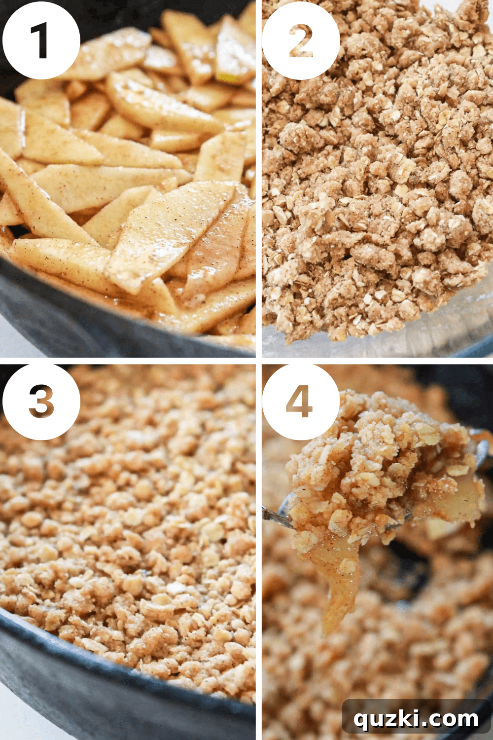 Golden Skillet Apple Crisp 3 Four step-by-step photos illustrating the process of making a Skillet Apple Crisp, from preparing apples to baking.