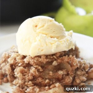 A serving of apple crisp skillet with vanilla ice cream.