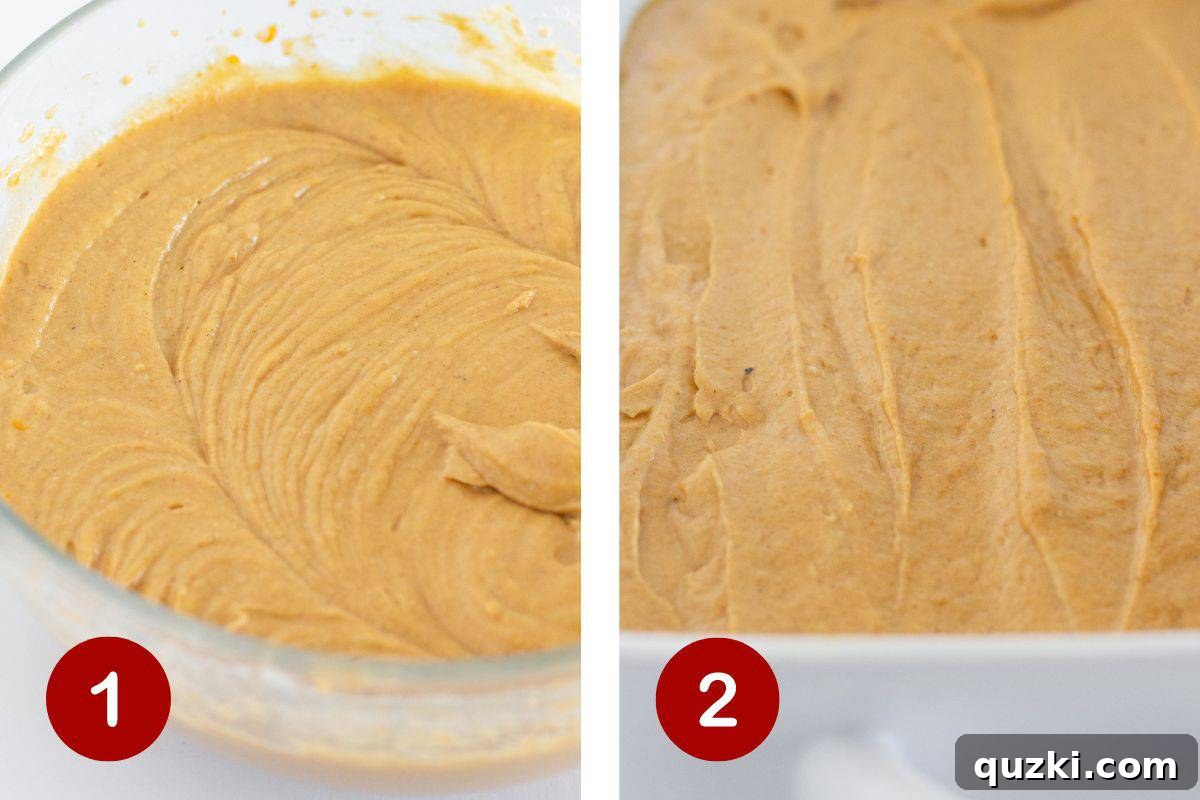 Caramel-Infused Pumpkin Poke Cake 4 Making the pumpkin cake batter and adding it to the prepared baking pan for baking.