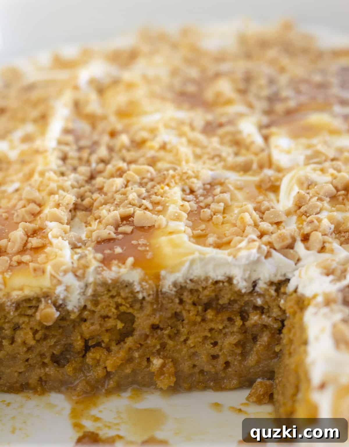 Caramel-Infused Pumpkin Poke Cake 7 A pumpkin poke cake being served directly out of a white 9x13 baking dish.