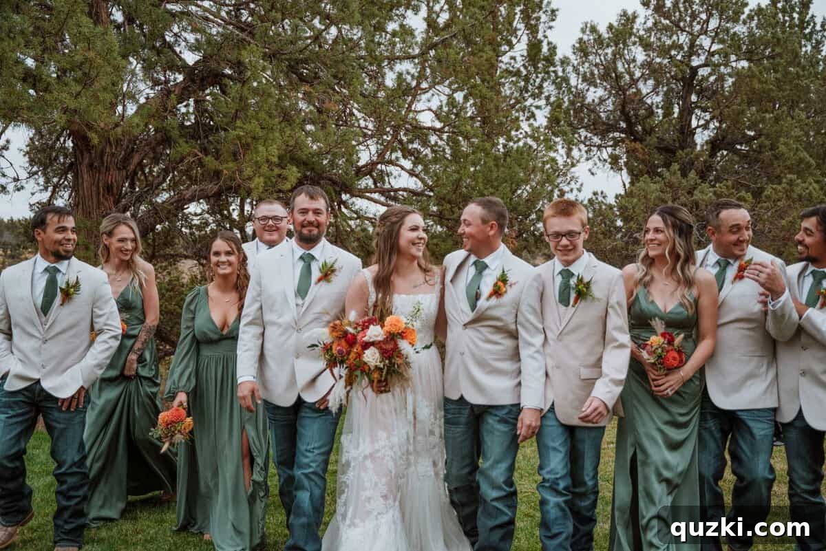 The joyful wedding party, including bridesmaids, groomsmen, and the happy couple, posing together after the beautiful wedding ceremony.