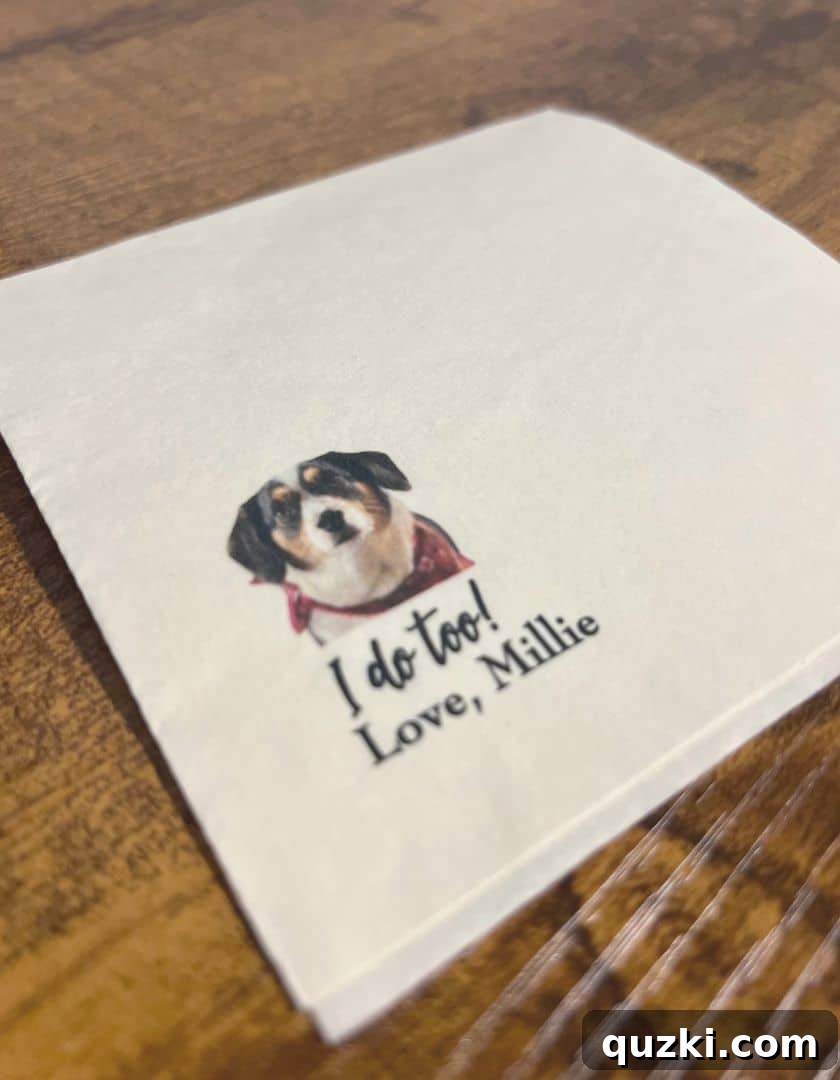 Personalized cocktail napkins featuring an adorable illustration of the couple's dog, Millie, adding a unique and charming touch to the wedding day.