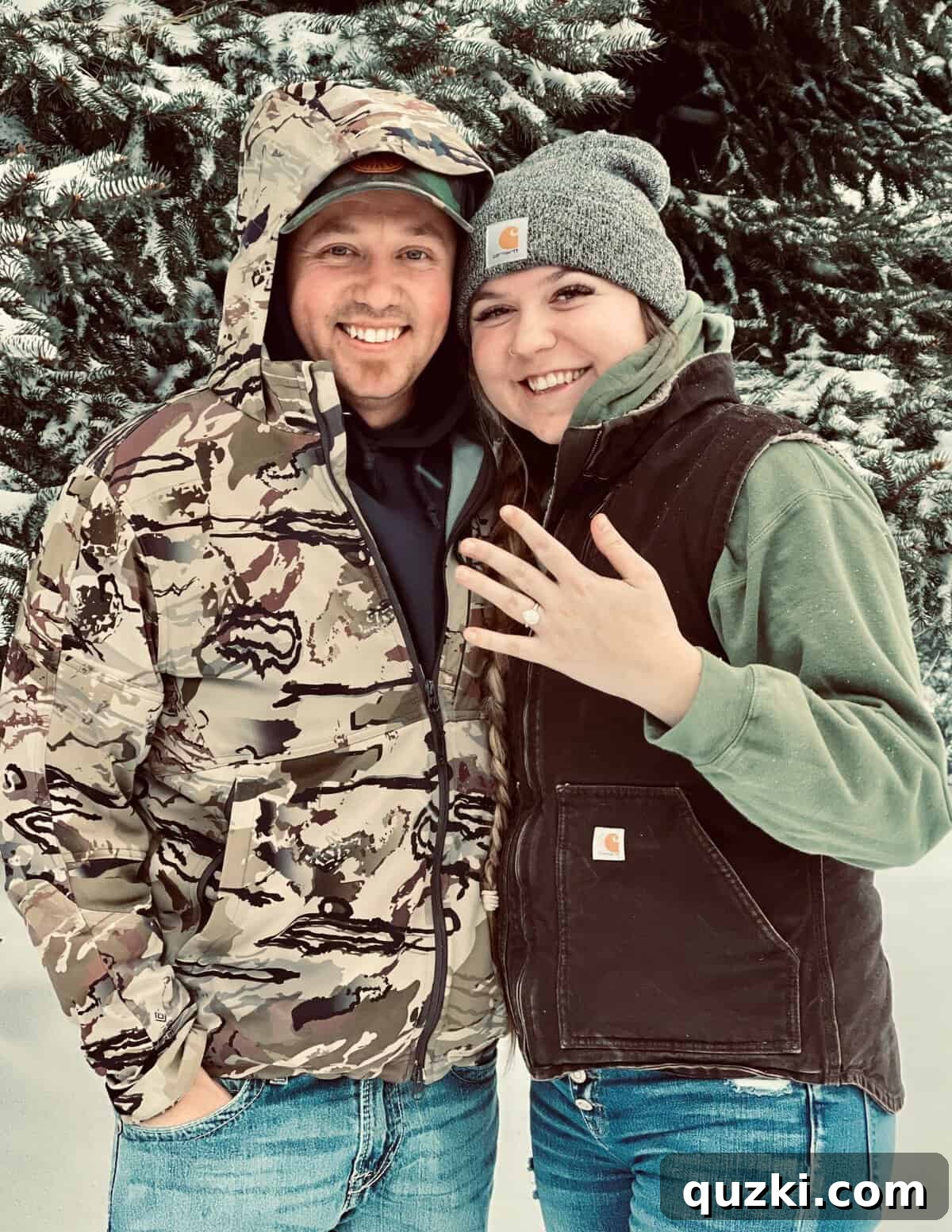 Taylea and Jordan radiating happiness immediately after their engagement, showcasing their excitement and love amidst a snowy backdrop.