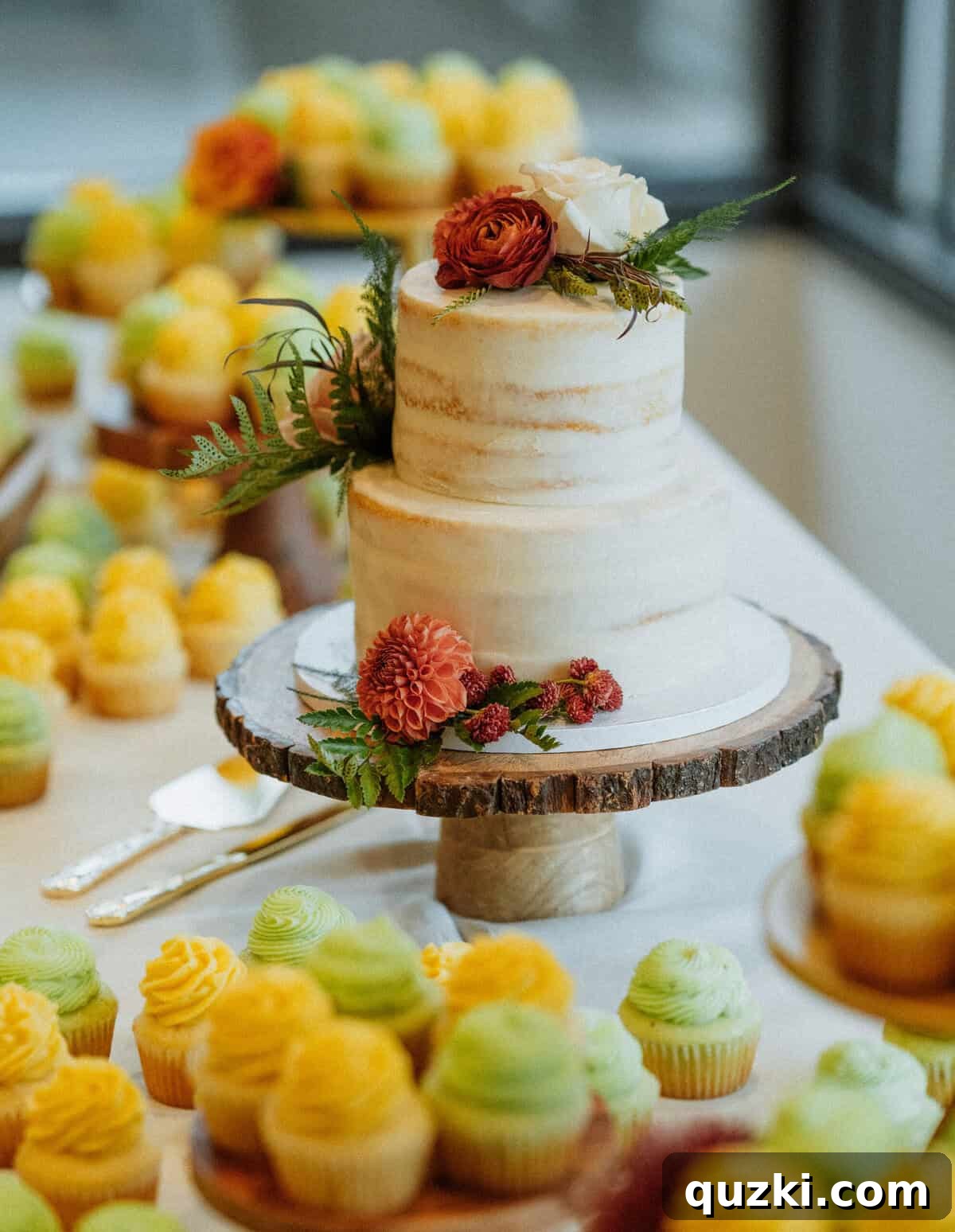 The elegant wedding cake, adorned with fresh flowers and surrounded by an assortment of pistachio and vanilla cupcakes, beautifully displayed for the reception.