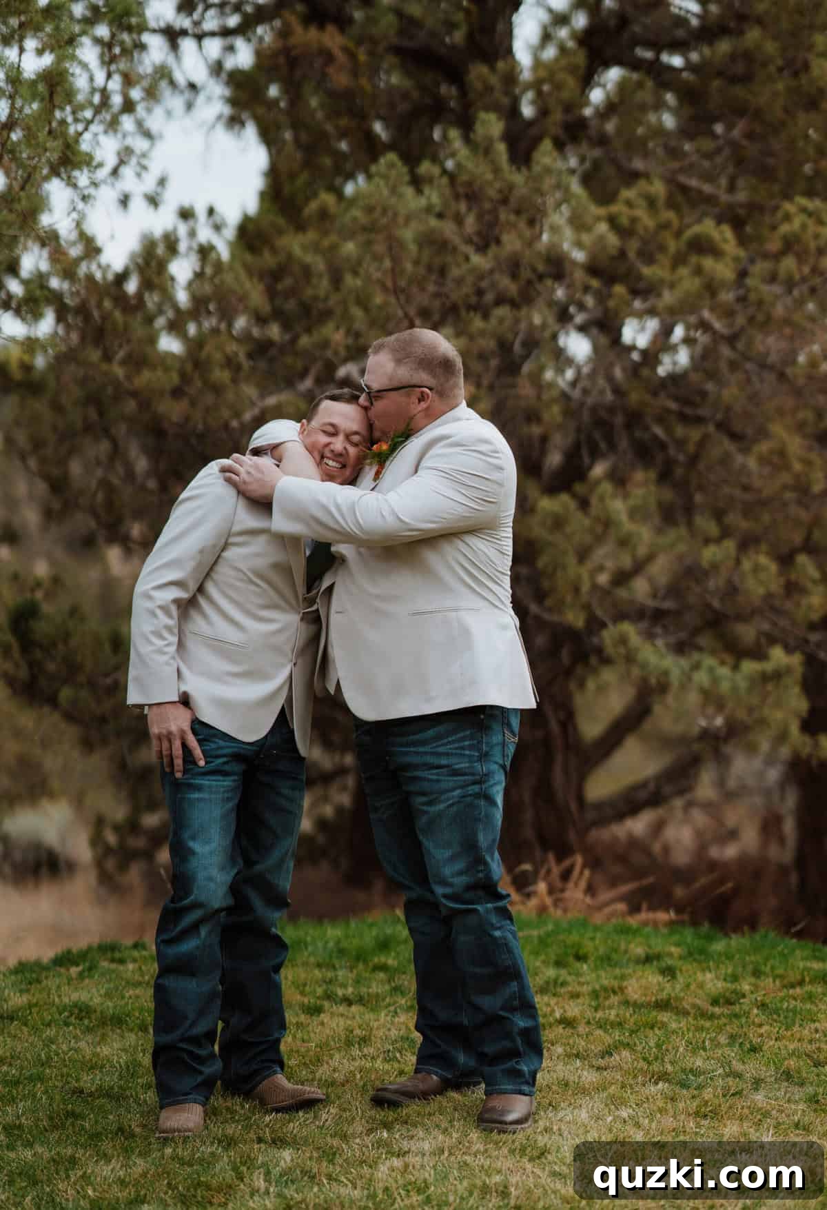 A candid and loving photo of the groom, Jordan, with one of the groomsmen, Taylea's brother Tate, reflecting genuine camaraderie and familial bonds.