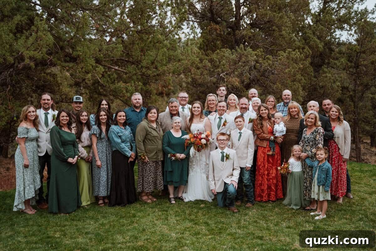 A warm and joyful group photo of the bride's family, gathered together to celebrate the wedding day, showcasing their happiness and unity.