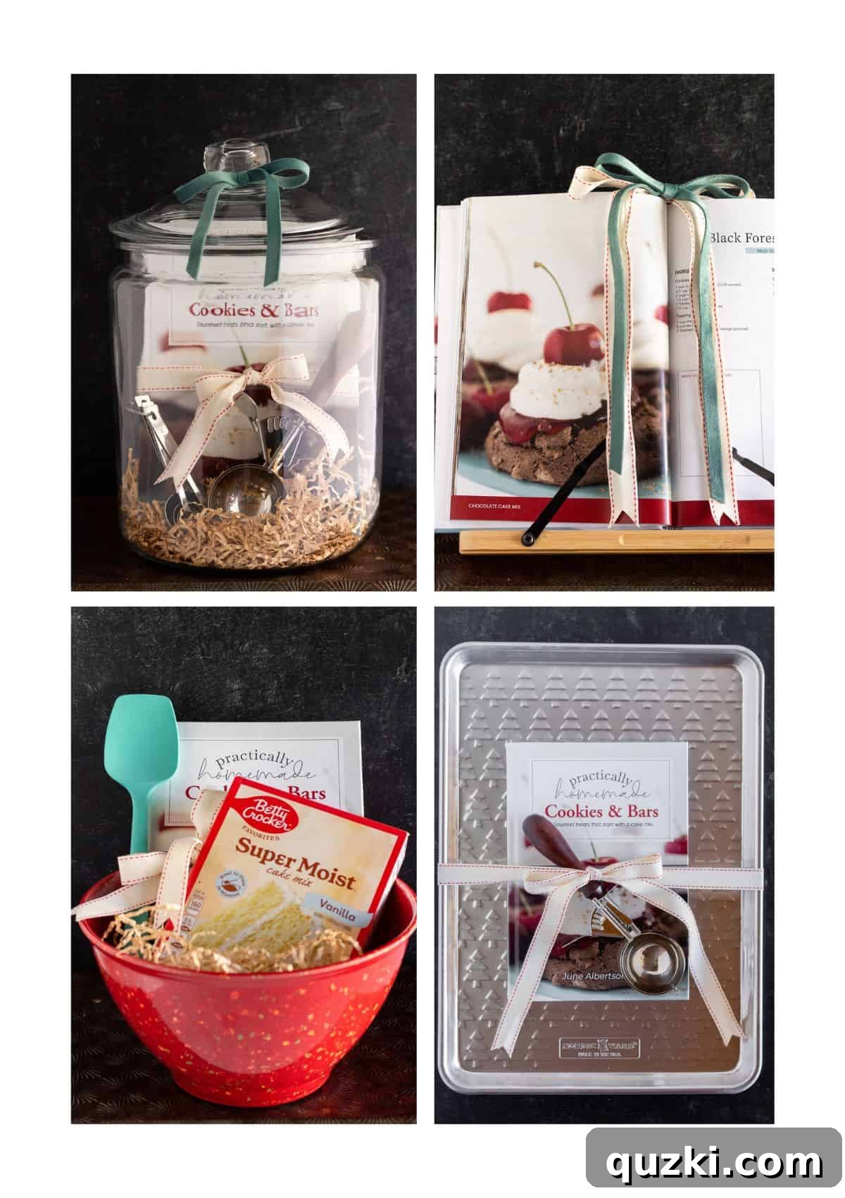 Four beautifully arranged photos showcasing various creative and thoughtful ways to gift a cookbook for the holidays, paired with essential baking accessories and elegant wrapping.