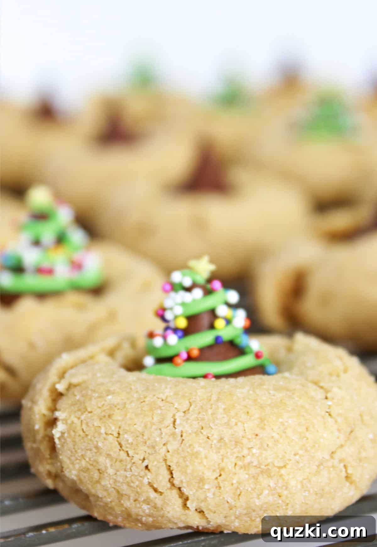 Holiday Cookie Exchange Favorites 3 Delicious Peanut Butter Blossom cookies arranged on a cooling rack, some adorned with chocolate kisses decorated as miniature Christmas trees, ready for a festive gathering.