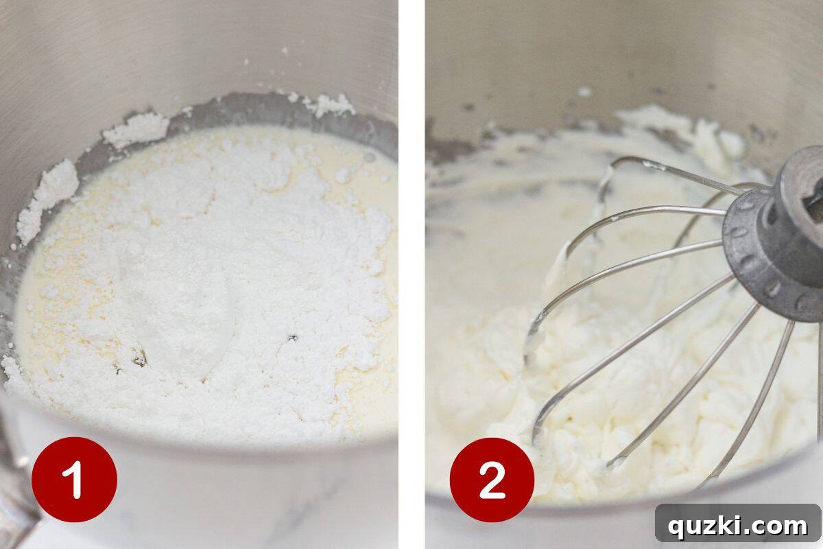 An electric hand mixer actively blending heavy cream, powdered sugar, and vanilla in a bowl, demonstrating the early stages of whipping.