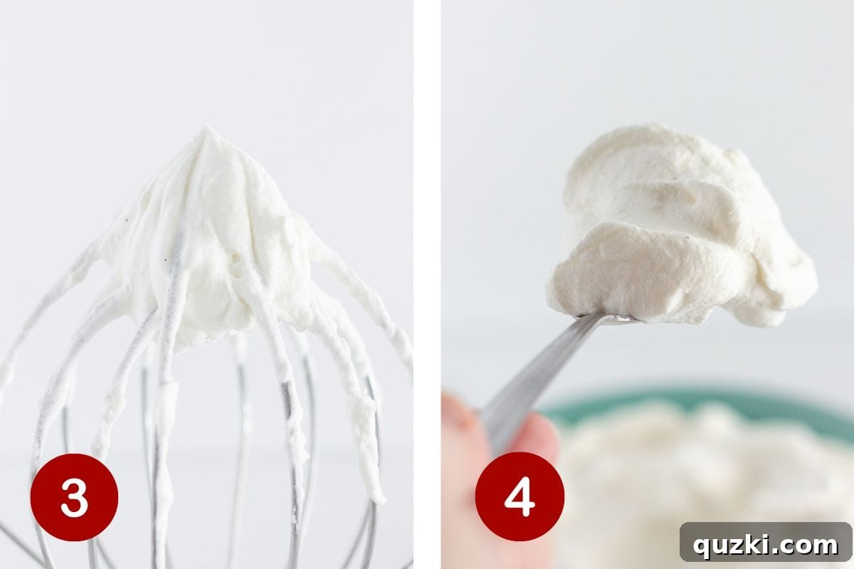 Close-up of fluffy homemade whipped cream on a whisk and a spoon, demonstrating its perfectly stable and thick texture.