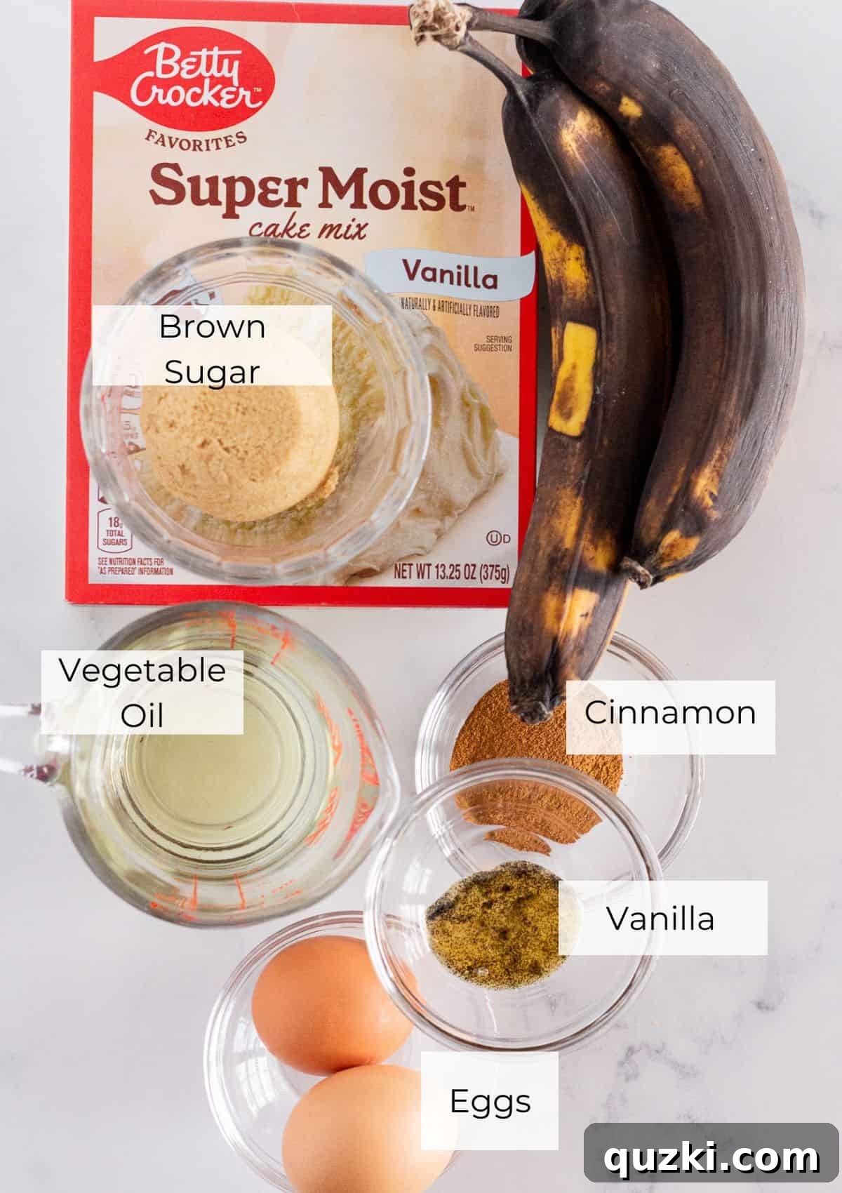Cake Mix Banana Bread Hack 3 All the essential ingredients neatly laid out for making delicious cake mix banana bread with a vanilla cake mix as the base.