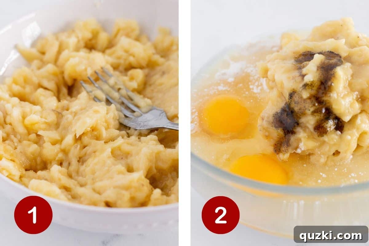 Cake Mix Banana Bread Hack 4 Step-by-step images showing the process of mashing ripe bananas and then combining them with other liquid ingredients and cake mix to form the banana bread batter.
