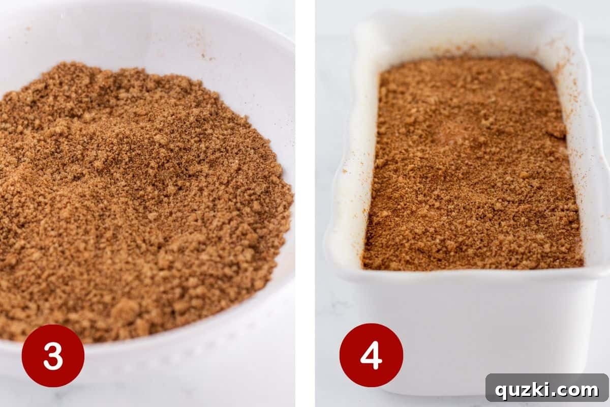 Cake Mix Banana Bread Hack 5 Images demonstrating the preparation of the fragrant cinnamon swirl mixture and the layering process of banana bread batter and cinnamon sugar in a loaf pan.