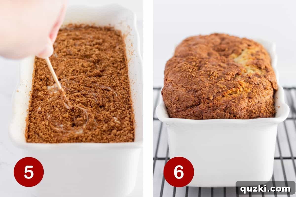 Cake Mix Banana Bread Hack 6 The final stages of baking: swirling the cinnamon mixture into the banana bread batter, followed by the beautifully golden-brown baked loaf exiting the oven.