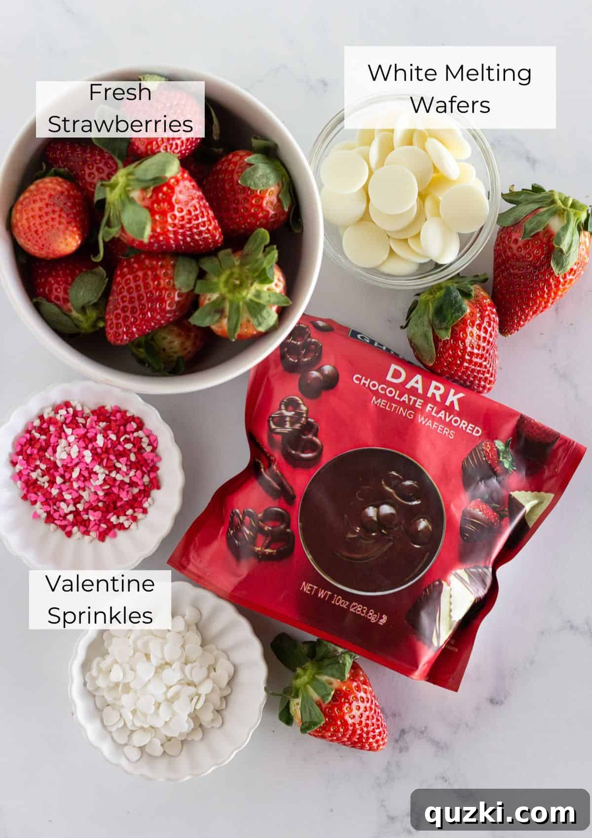 A visual guide to the simple ingredients required for making delightful chocolate dipped Valentine's strawberries.