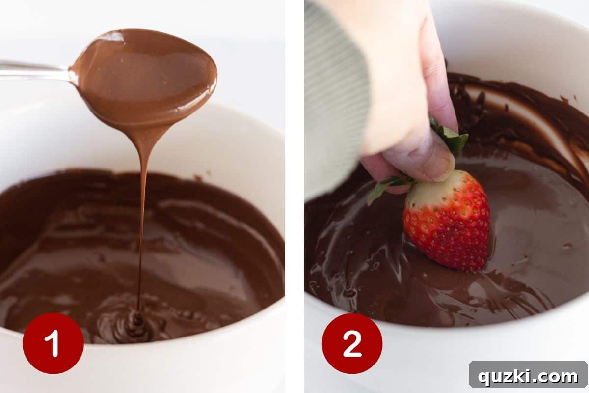 Illustrative steps showing the melting of chocolate and the initial dipping of fresh strawberries.