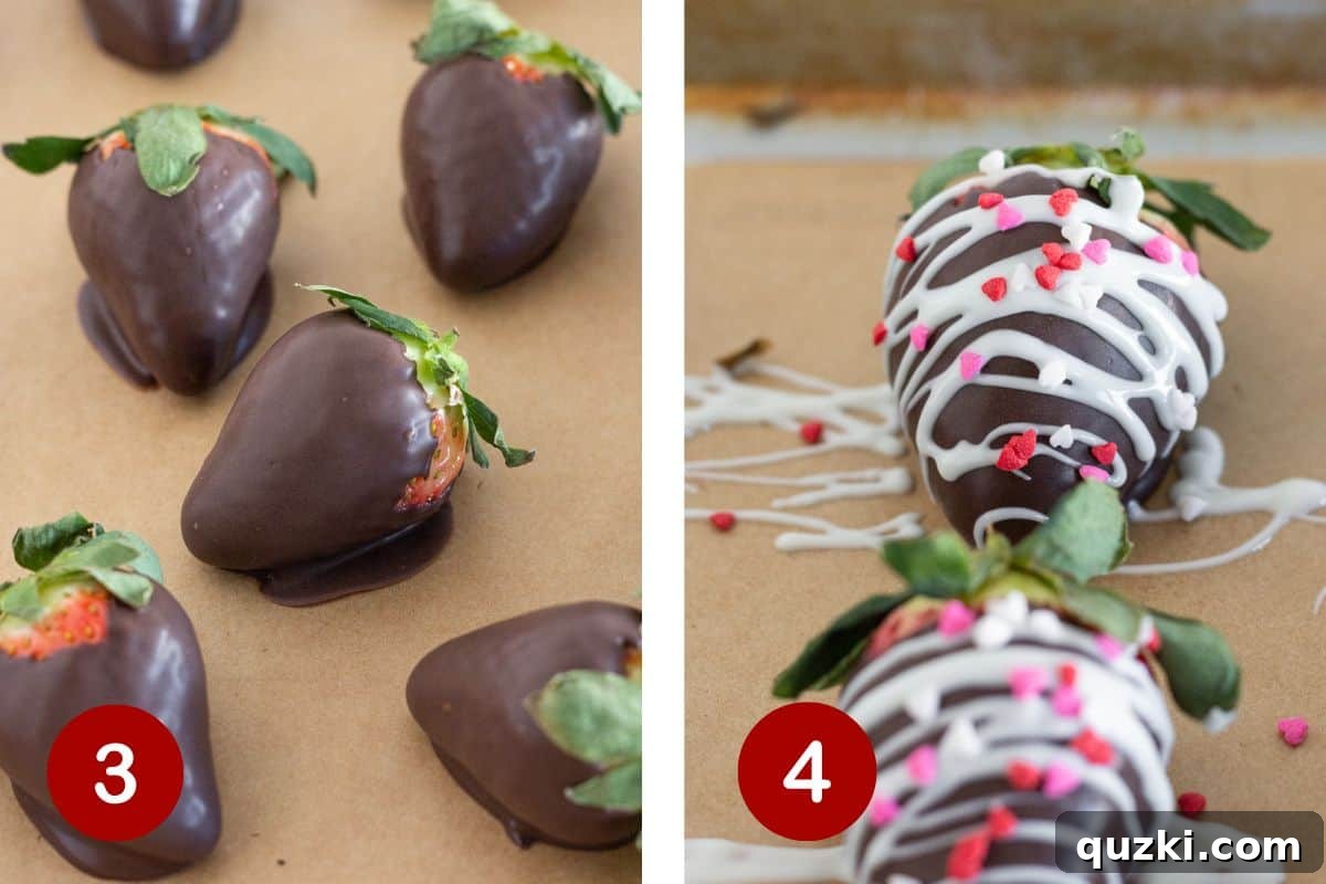 The process of placing dipped strawberries on parchment paper, followed by drizzling with white chocolate and festive sprinkles.