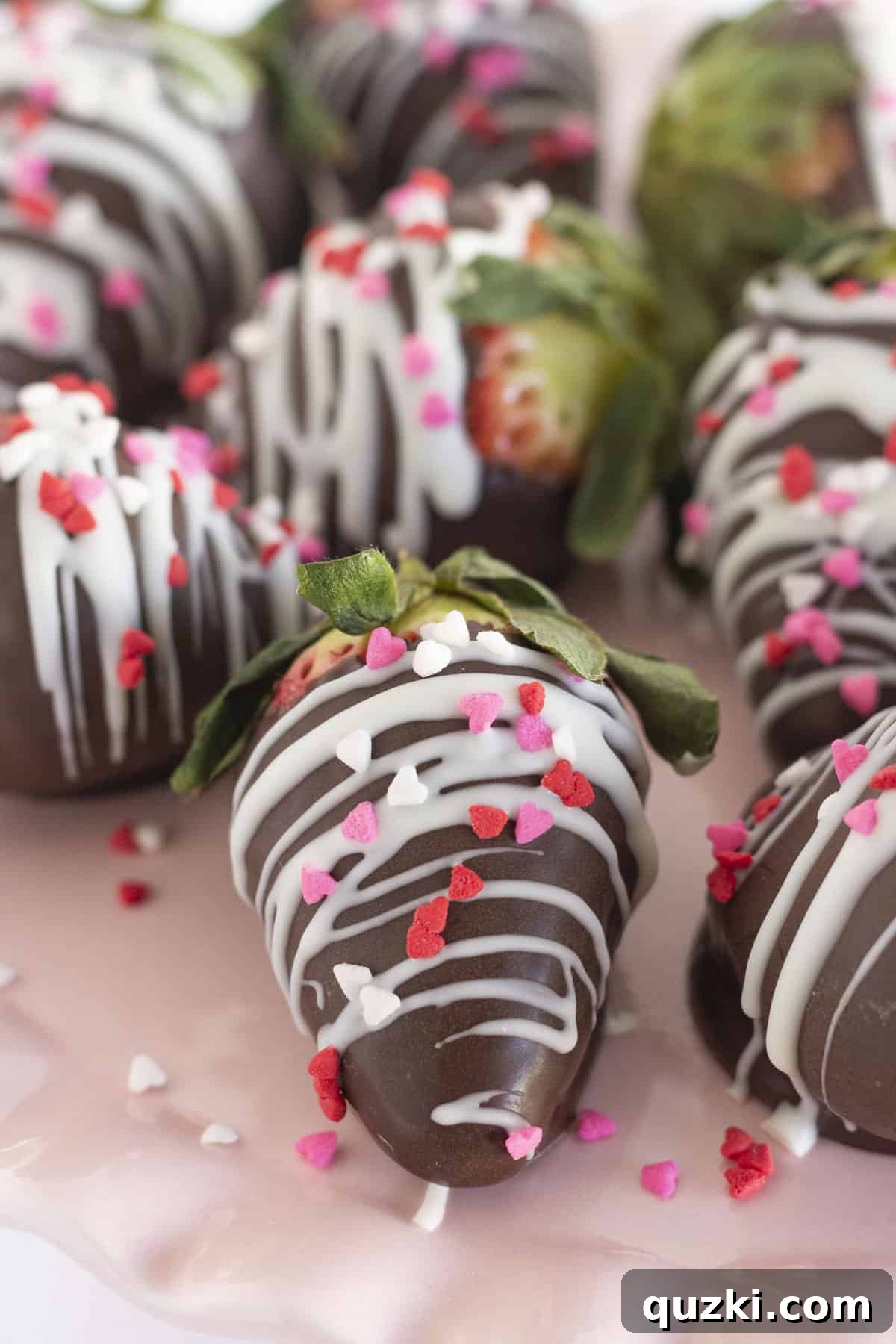 Beautifully prepared Valentine Chocolate Covered Strawberries ready for serving on a decorative platter.