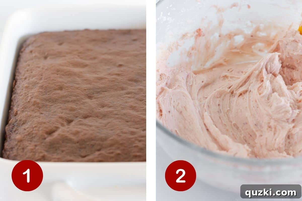 Bake the moist chocolate cake to perfection and then prepare the creamy strawberry buttercream frosting.