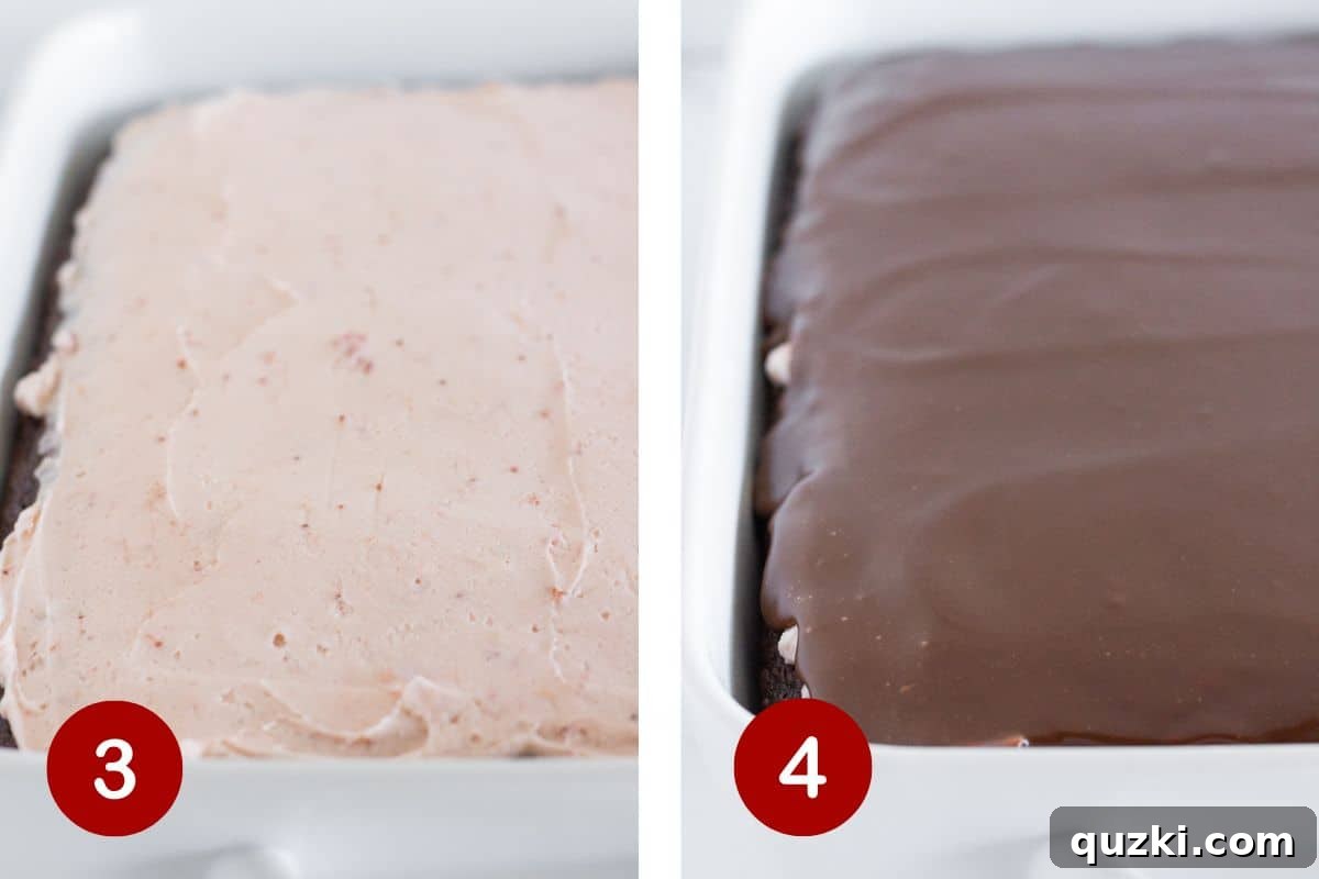 Frost the chocolate cake with creamy strawberry buttercream, then create and apply a smooth chocolate ganache layer on top.