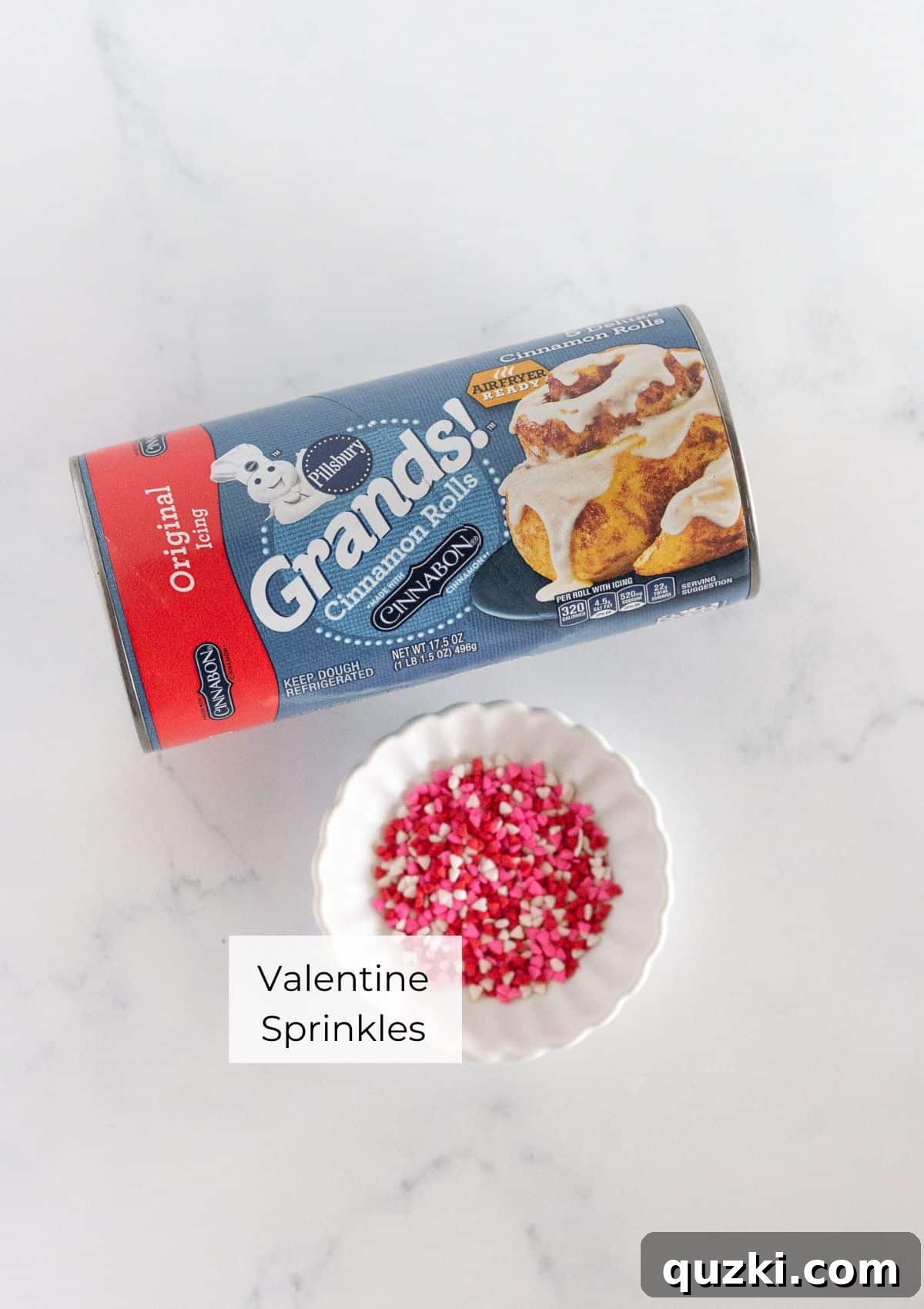 Simple & Sweet Heart Cinnamon Rolls 3 The simple ingredients needed to make heart shaped cinnamon rolls: refrigerated dough and festive sprinkles.